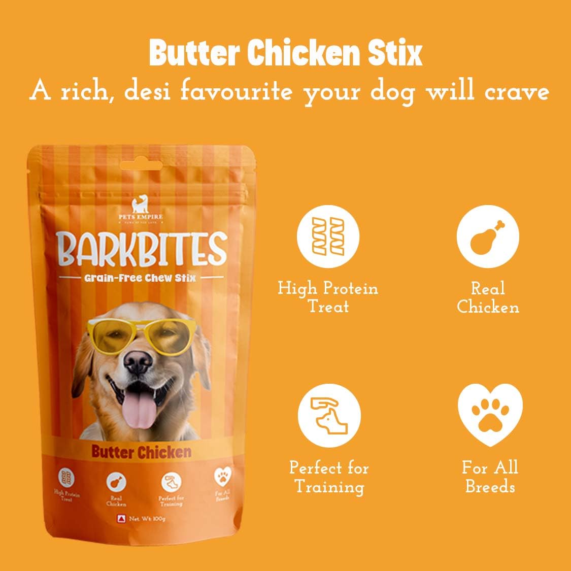 PETS EMPIRE BARKBITES Butter Chicken Dog Chew Sticks | Grain-Free Soft Dog Treats | High Protein Training Snacks| Made with Real Chicken | Healthy & Tasty Chews | 100g