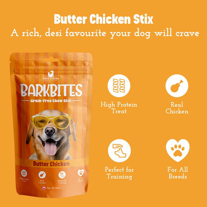 PETS EMPIRE BARKBITES Butter Chicken Dog Chew Sticks | Grain-Free Soft Dog Treats | High Protein Training Snacks| Made with Real Chicken | Healthy & Tasty Chews | 100g