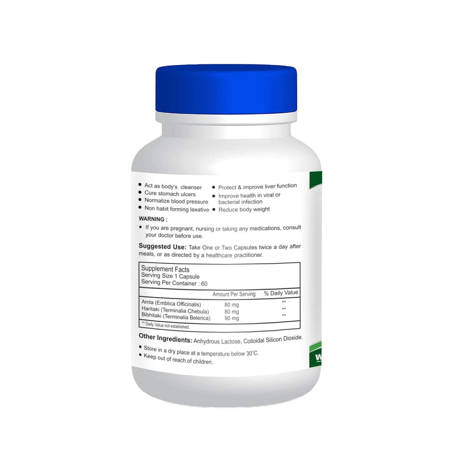 Supplement bottle with blue cap and white label on a white background
