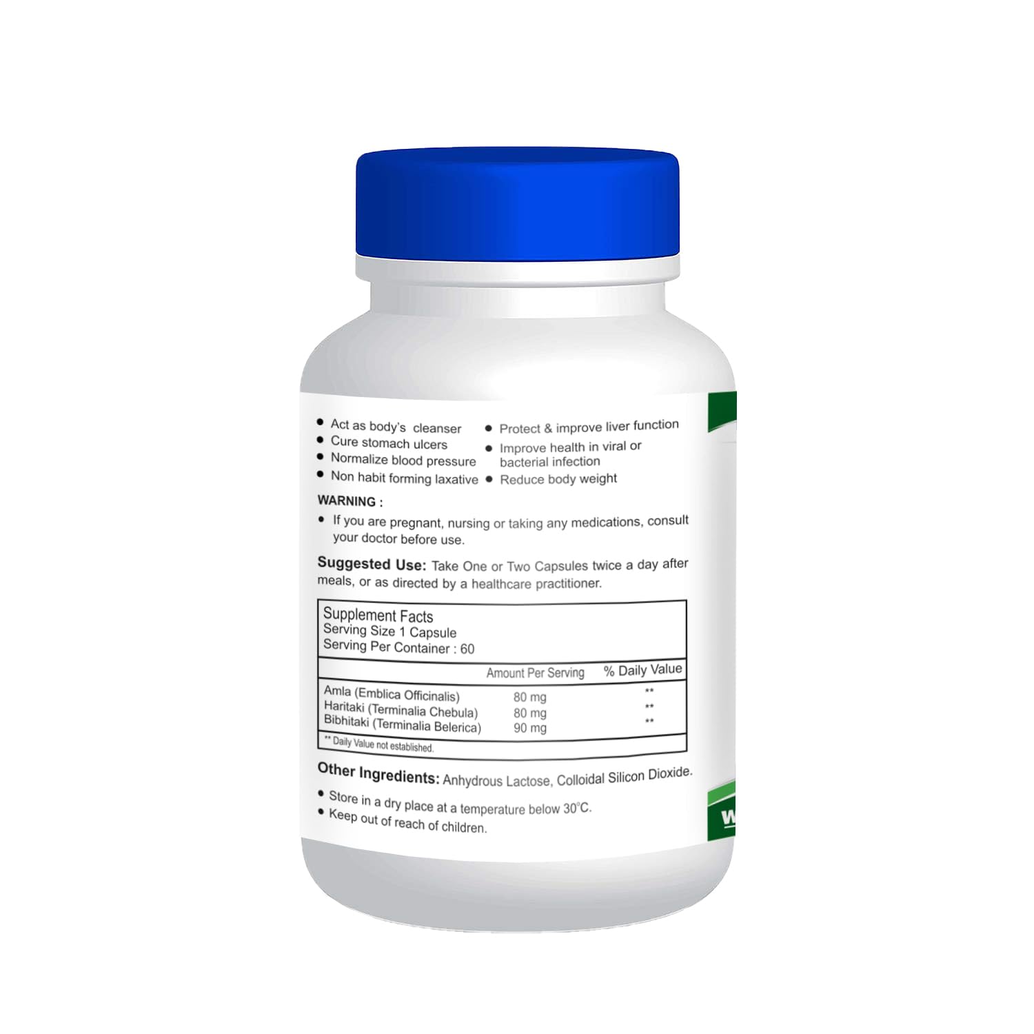 Supplement bottle with blue cap and white label on a white background
