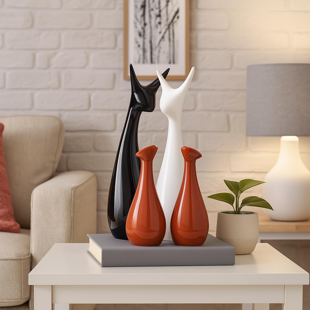 Home Decor Lucky Deer Family Statue Piano Finish Ceramic Figures - (Set of 4, Brown, Black, White)