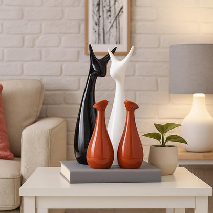 Home Decor Lucky Deer Family Statue Piano Finish Ceramic Figures - (Set of 4, Brown, Black, White)