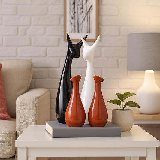 Home Decor Lucky Deer Family Statue Piano Finish Ceramic Figures - (Set of 4, Brown, Black, White)
