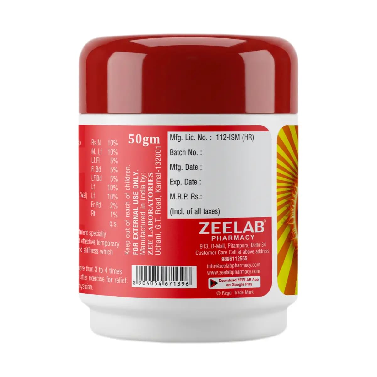 Red jar with a label from Zeelab Pharmacy on a white background
