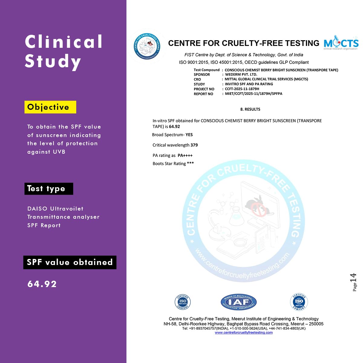 Clinical study report for sunscreen with SPF value obtained, featuring logos and text on a purple and white background.