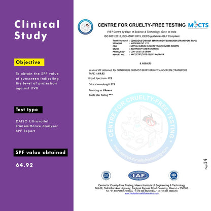 Clinical study report for sunscreen with SPF value obtained, featuring logos and text on a purple and white background.