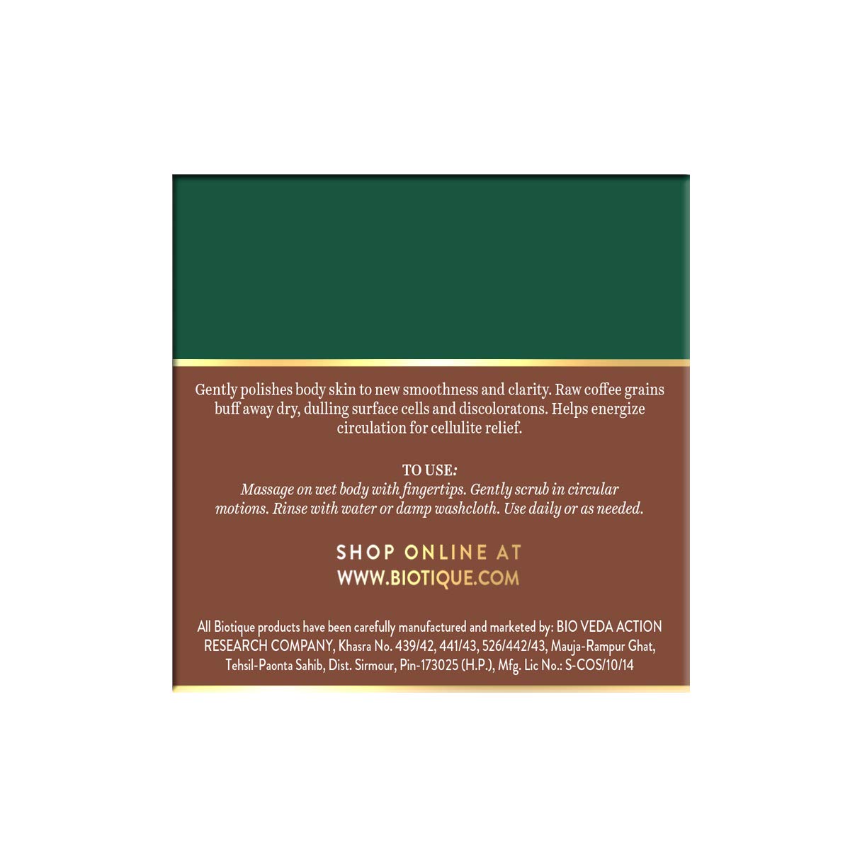 Product packaging with text on a green and brown background