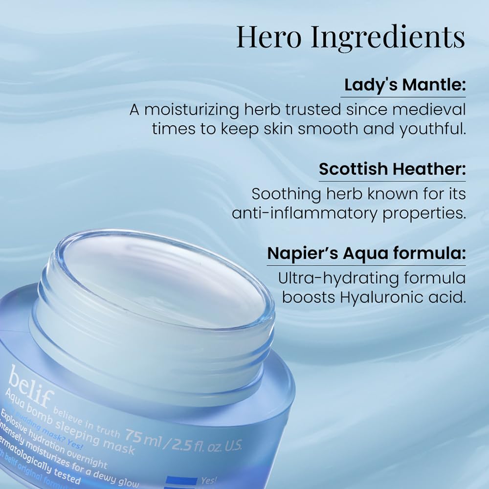 Blue jar of belif skincare product with text about hero ingredients on a blue background