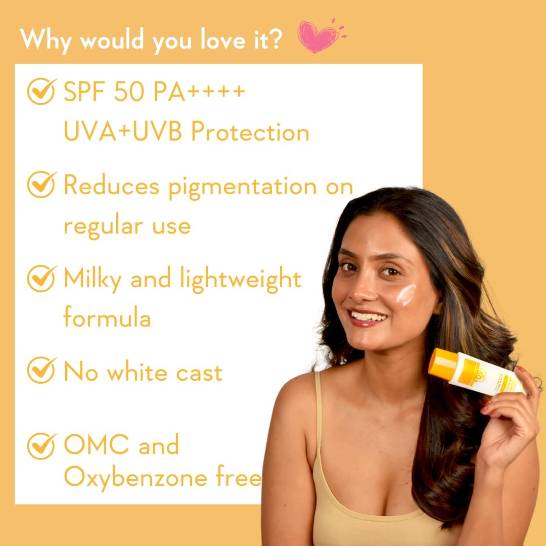 Woman holding sunscreen with product features listed on a yellow background