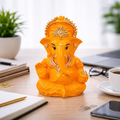 Mustard Yellow Ganesha Idol with Foam Flower – 3.5 Inch Polyresin Ganpati for Car Dashboard, Home Mandir & Office – Vastu Decor Gift for New Car, Griha Pravesh, Prosperity & Good Luck (Yellow)
