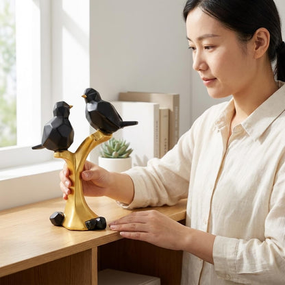 Striking Geometric Bird Pair Sculpture for Home & Office Décor | Modern Black & Gold Perched Birds Showpiece for Living Room, Shelf & Table Styling (22 cm)