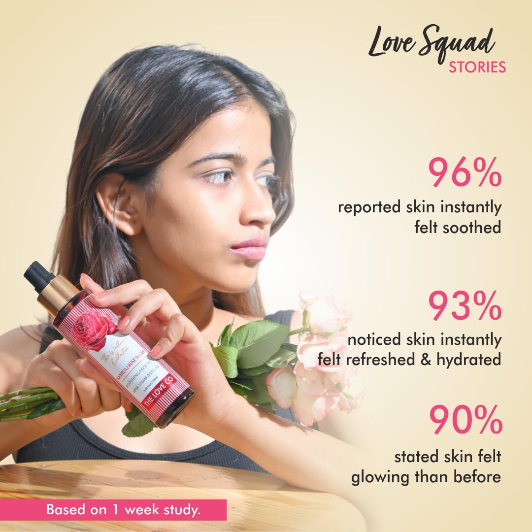 Woman holding a skincare product with statistics on skin benefits, branded 'Love Squad Stories'.