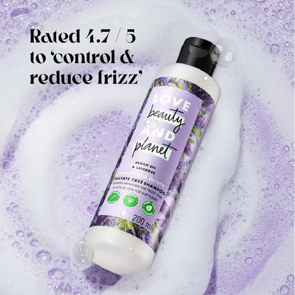Shampoo bottle with purple label on a purple background