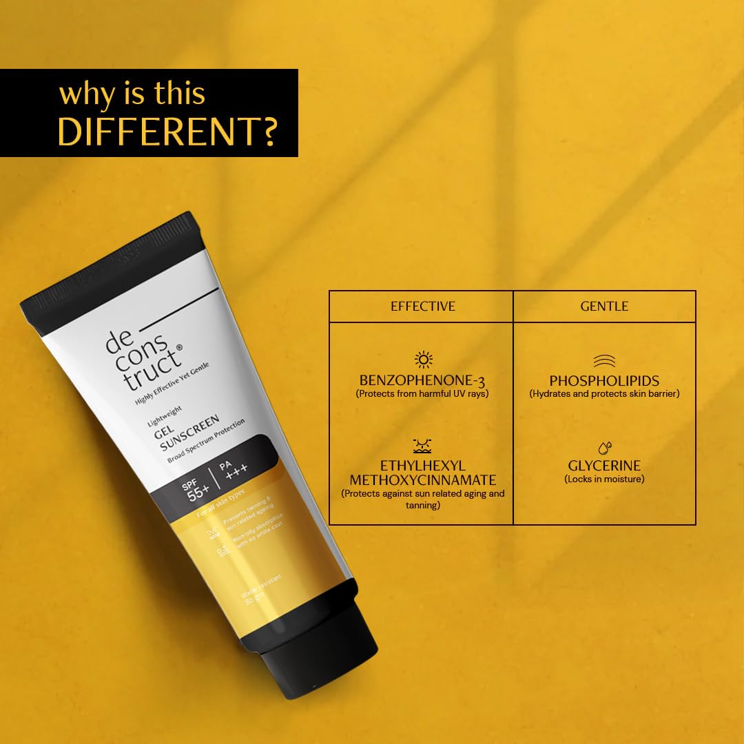 Tube of sunscreen with a list of ingredients on a yellow background