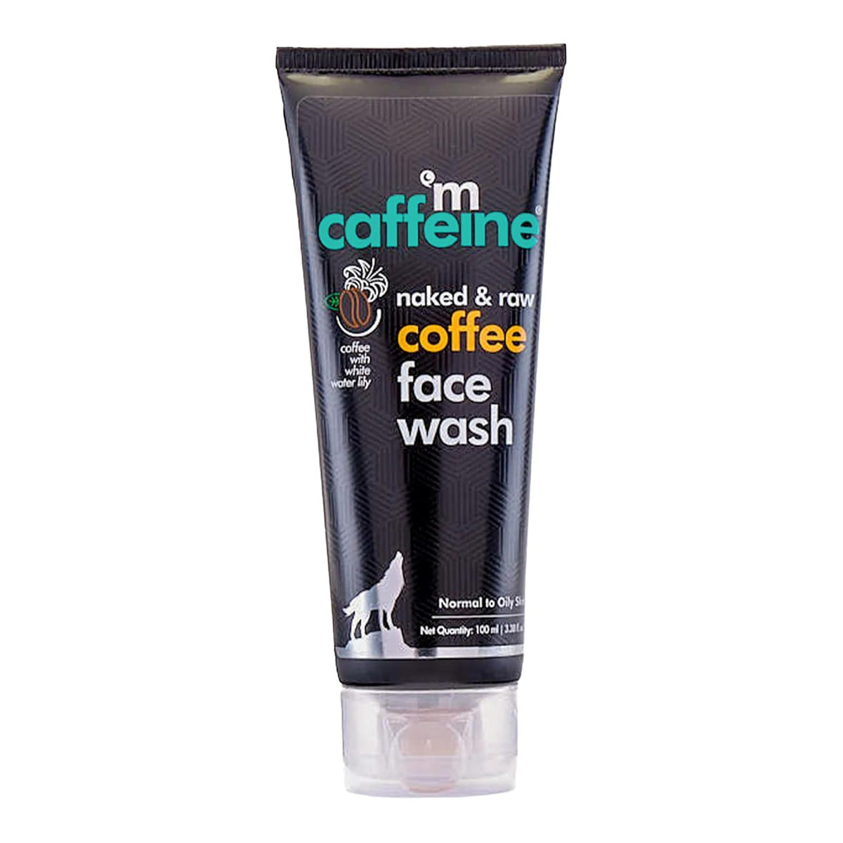 Tube of 'm caffeine naked & raw coffee face wash' on a white background