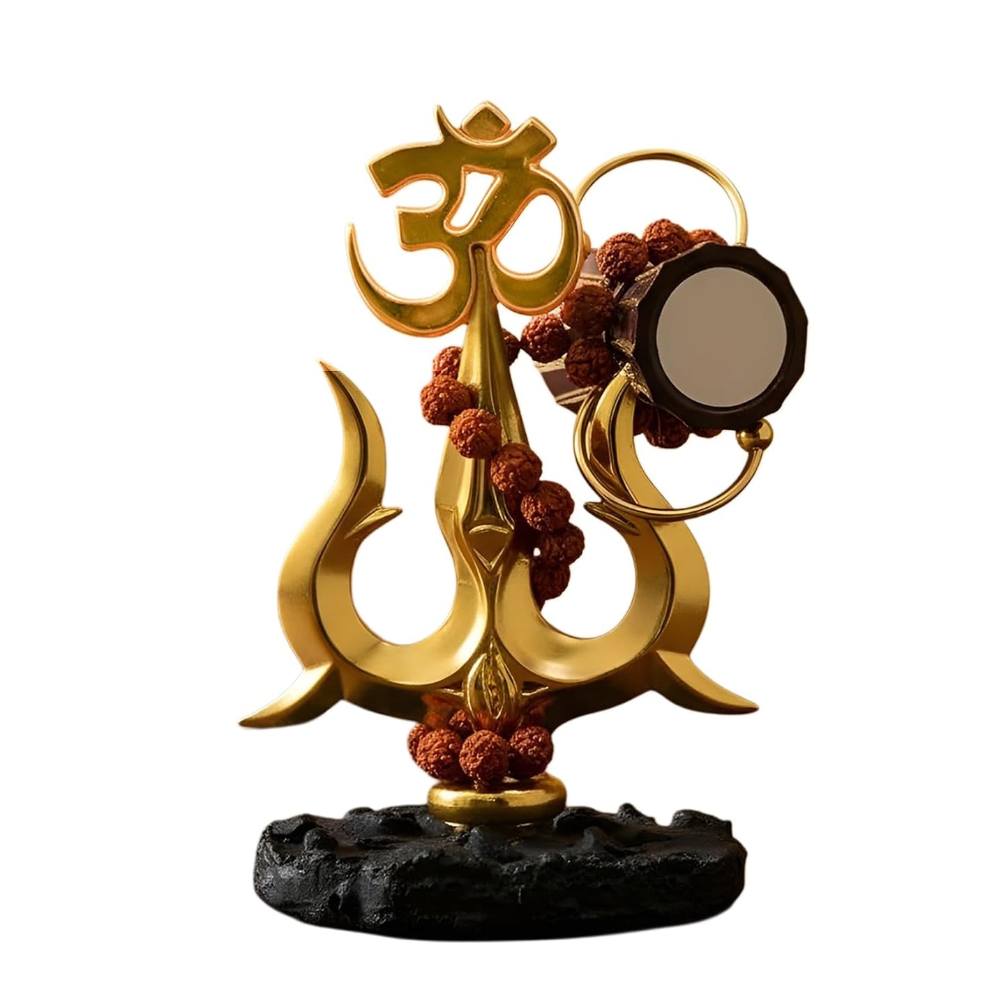 TIED RIBBONS Lord Shiva Trishul with Om & Damru Decorative Idol (Resin, 4.5 Inch) | Rudraksha Beads | Spiritual Home Temple & Office Desk Decor | Gold Finish Car Dashboard Showpiece