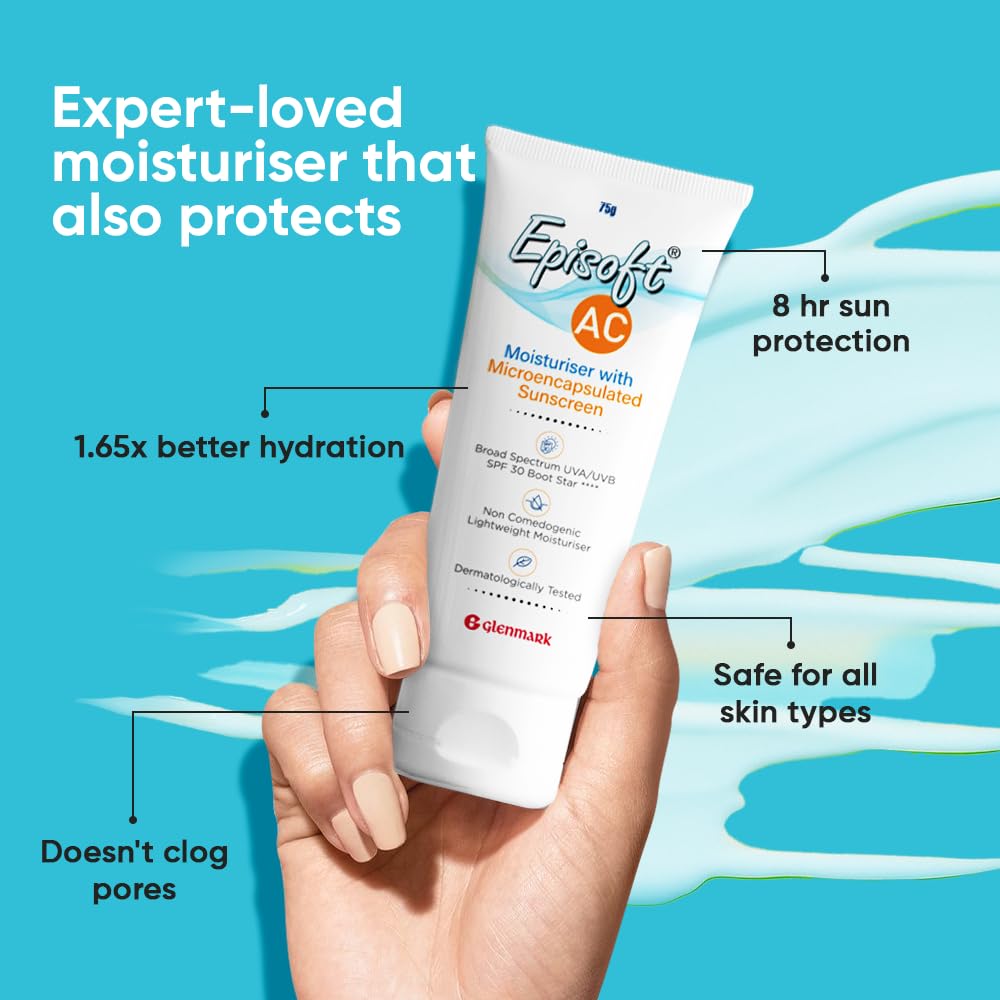 Episoft AC moisturizer tube held in a hand with product features highlighted on a blue background