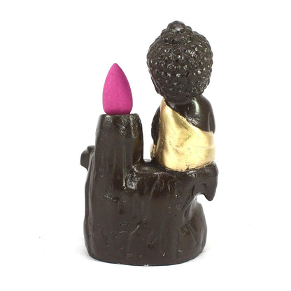 eCraftIndia Black Golden Meditating Monk Buddha Statue Smoke Backflow Incense Holder with Incense Cones Showpiece for Home Decor Living Room Office Gift for Diwali Housewarming Buddha Purnima Birthday