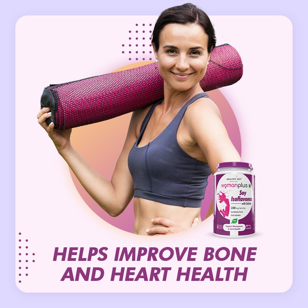 Woman holding a rolled-up mat with a supplement bottle labeled 'Woman Plus' on a light purple background