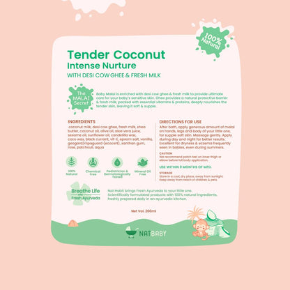 Nat Habit Baby Malai Lotion |Tender Coconut| Baby Body Lotion for Intense Nurture, Moisturizer for Deep Nourishment & Skin Barrier Protection | 100% Natural, Chemical-Free Baby Cream | 200ml