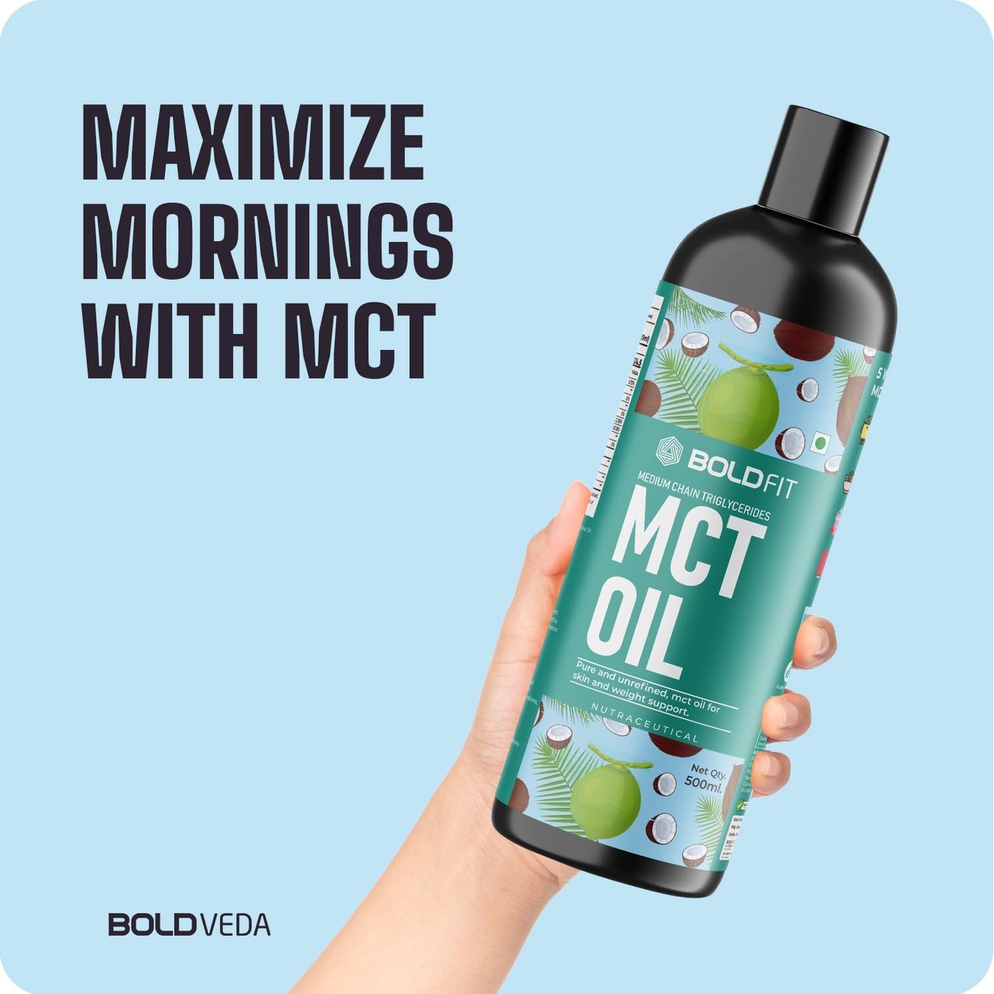 Boldfit MCT Oil C8 C10 Vegan Coconut Derived MCT for Keto and Paleo Friendly Cold Pressed Oil Supports Energy, Metabolism, Gut and Brain Function –500ml