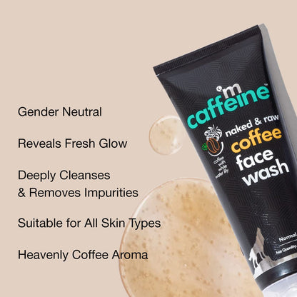 Tube of 'm caffeine naked & raw coffee face wash' with product features listed on a beige background