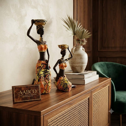 Vibrant Beautiful Finish Uniquely Hand Crafted Home Decor African Tribal Women Art Piece (Sitting African Lady Set of 2)
