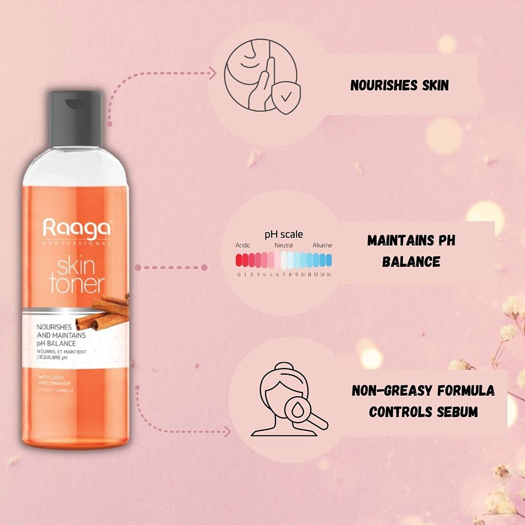 Raaga skin toner bottle with features on a pink background