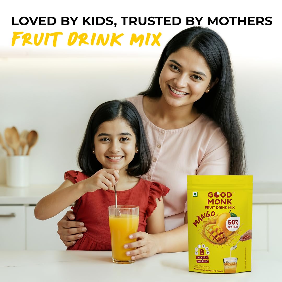 Good Monk Fruit Drink Mix (Natural Mango) - 50% Less Sugar, 8 Vitamins & Minerals for Instant Hydration, Nutrition & Energy | Mango Flavor Juice Powder | Summer Drink for Kids, Men & Women | 10 Serves