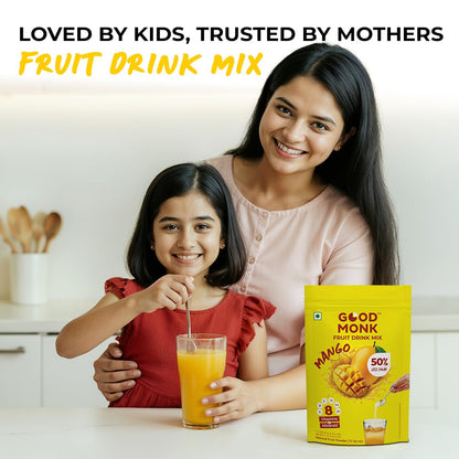 Good Monk Fruit Drink Mix (Natural Mango) - 50% Less Sugar, 8 Vitamins & Minerals for Instant Hydration, Nutrition & Energy | Mango Flavor Juice Powder | Summer Drink for Kids, Men & Women | 10 Serves