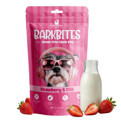 PETS EMPIRE BARKBITES Strawberry Milk Dog Chew Sticks | Soft Chewy Dog Treats | Grain-Free High Protein Training Snacks | Made with Real Milk & Chicken | Healthy Treat for Puppies & Dogs | 100g