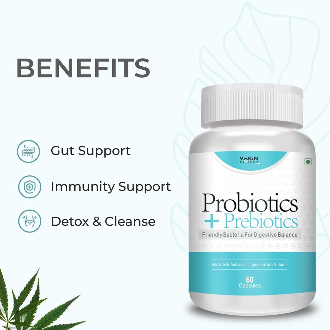 Probiotics and prebiotics supplement bottle with benefits listed on a white background