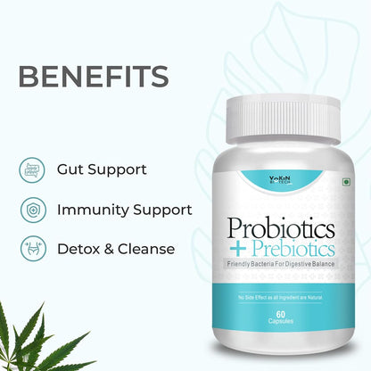 Probiotics and prebiotics supplement bottle with benefits listed on a white background