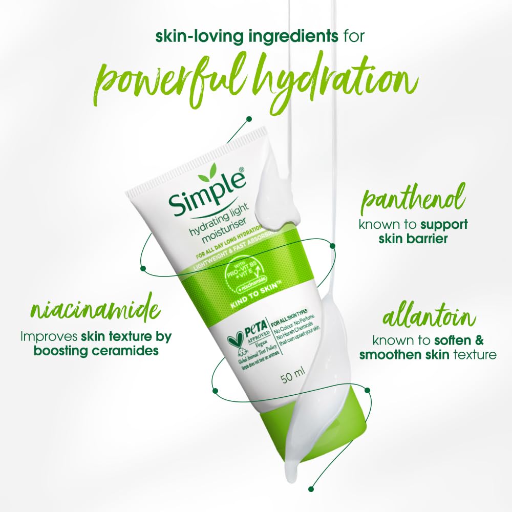 Simple hydrating light moisturizer with ingredients listed on a white background