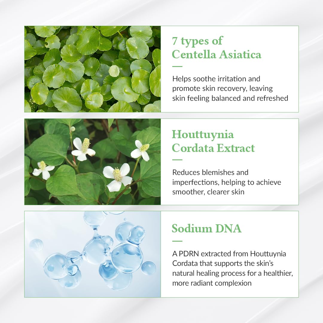 Informational graphic about Centella Asiatica, Houttuynia Cordata Extract, and Sodium DNA with corresponding images and text.