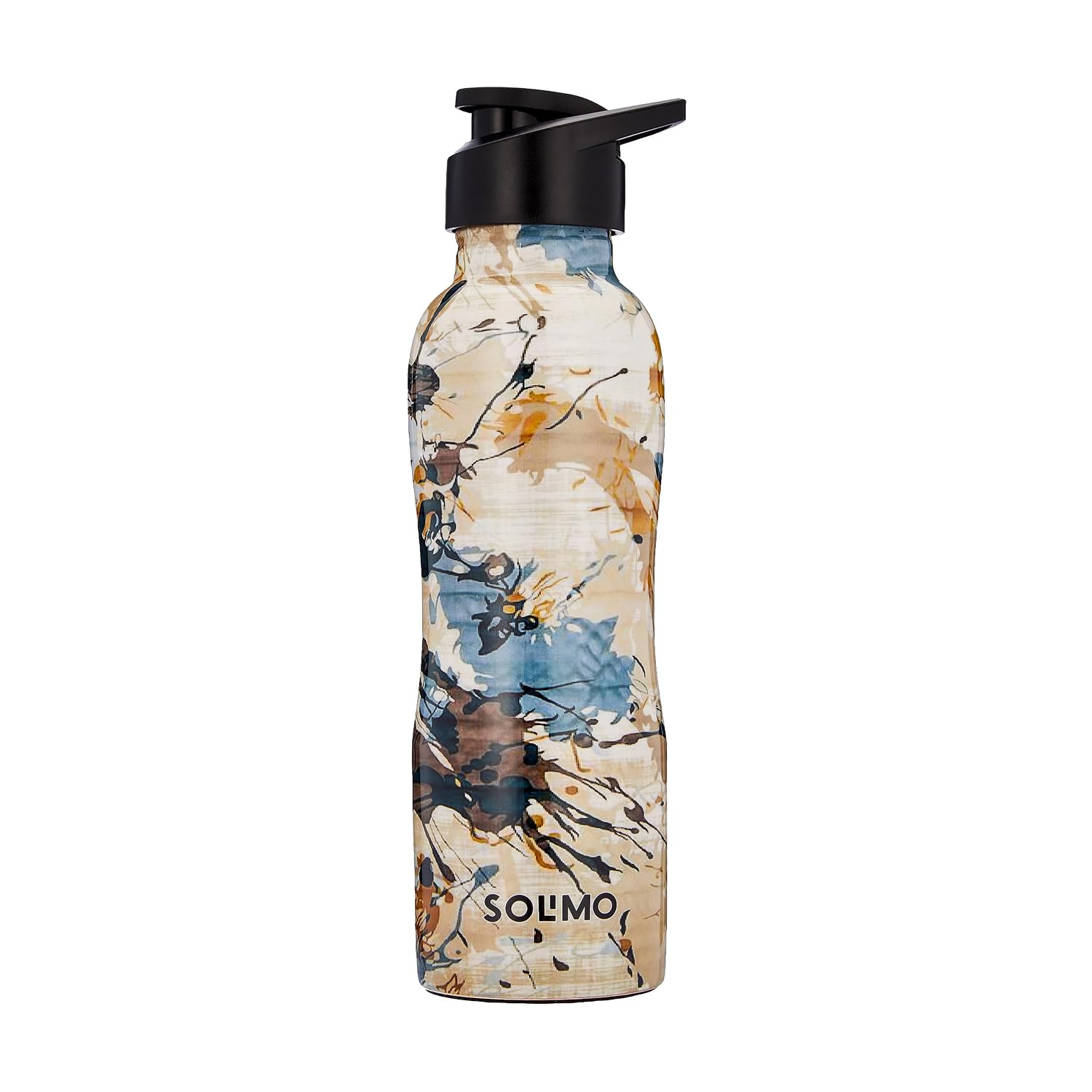 Soluimo water bottle with floral design on a white background