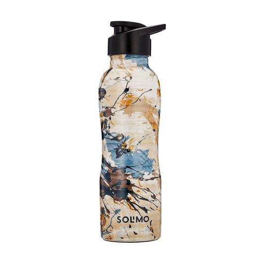 Soluimo water bottle with floral design on a white background
