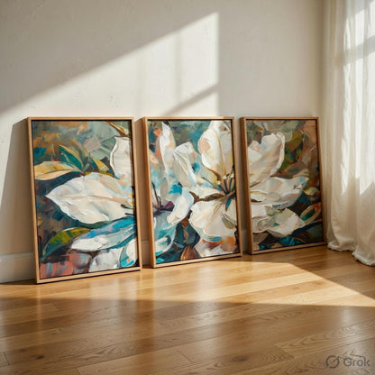 Abstract Floral Wall Painting Set of 3 with Wooden Frames | Modern White Flower Artwork HD Sparkle Laminated MDF Wall Decor | Contemporary Floral Wall Art for Living Room Bedroom
