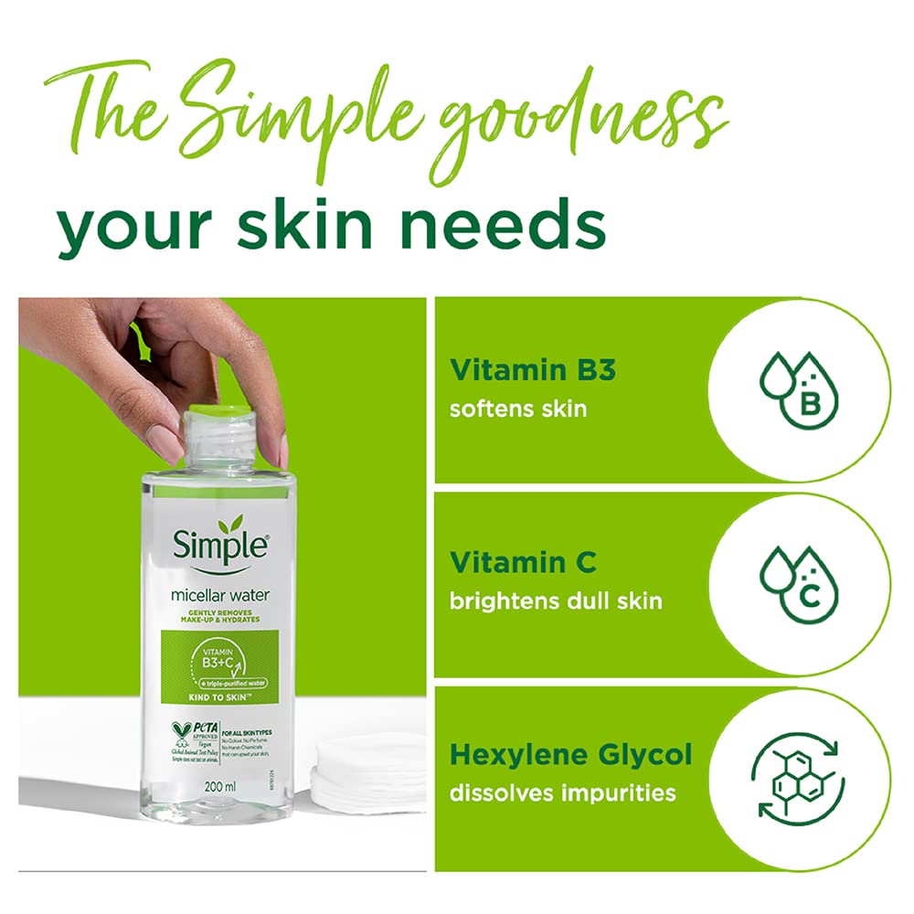 Simple micellar water bottle with ingredients listed on a green background
