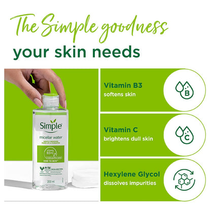 Simple micellar water bottle with ingredients listed on a green background
