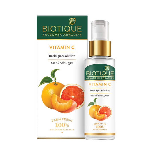 Biotique Vitamin C Dark Spot Solution packaging with a bottle on a white background
