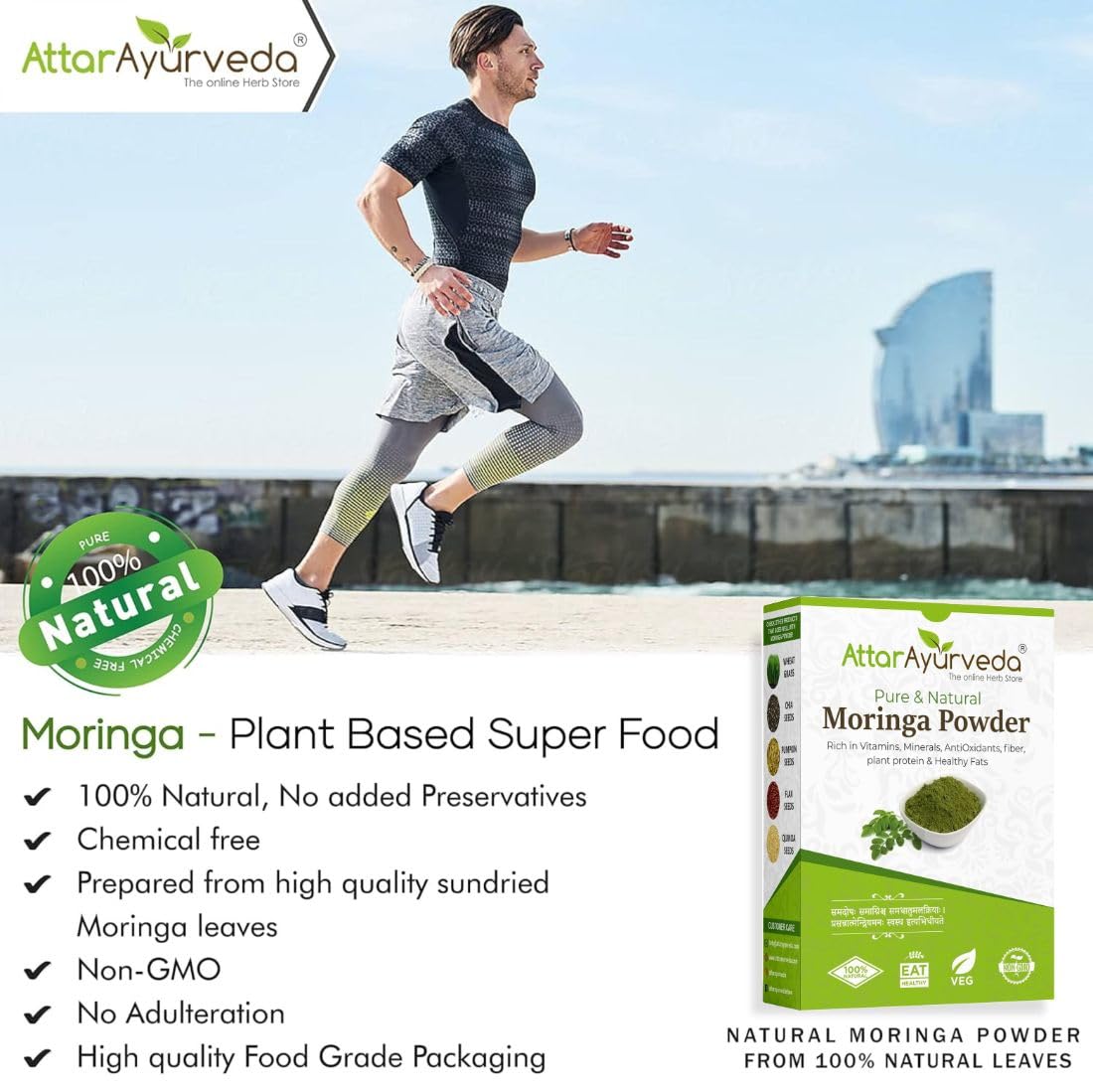Person running with Attar Ayurveda Moringa powder packaging and product details on a scenic background