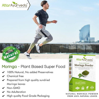 Person running with Attar Ayurveda Moringa powder packaging and product details on a scenic background