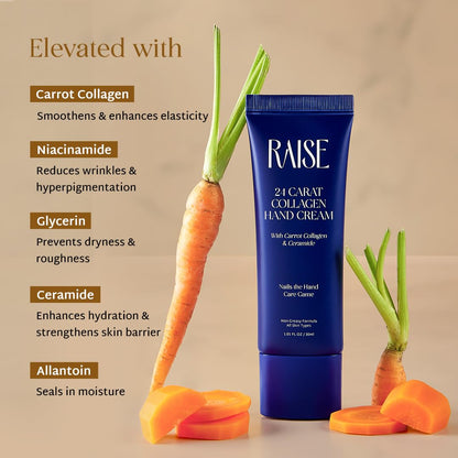 Raise 24 Carat Collagen Hand Cream | Anti-Aging Moisturizer for Hands with Niacinamide, Ceramides & Carrot Collagen | Fades Wrinkles & Fine Lines | 30ml