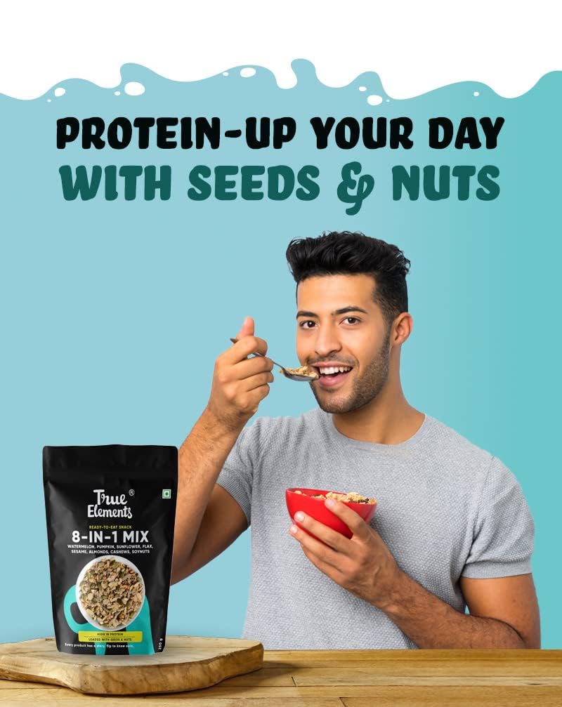 True Elements 8-in-1 Mix Ready-to-Eat Snack, Watermelon, Pumpkin, Sunflower, Flax, Sesame, Almonds, Cashews, Soynuts, High in Protein, 500g