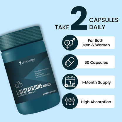 ZEROHARM L-Glutathione Reduced with Vitamin C, E & Biotin | Glutathione Capsules for Skin Whitening | Skin Glow, Pigmentation & Collagen Support for Men and Women | 1000mg per Serving | 60 Capsules