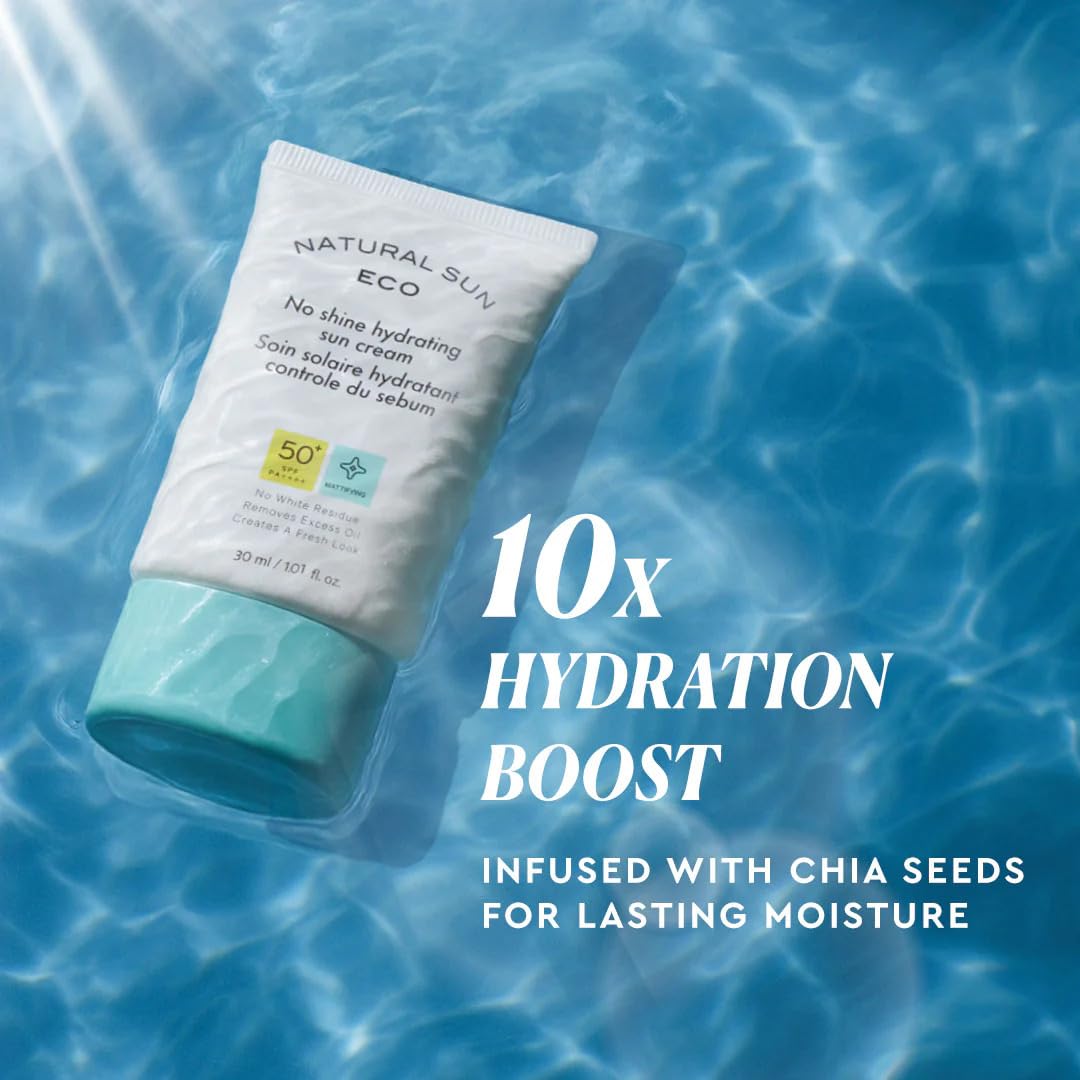 Sunscreen tube with water droplets on a blue water background, emphasizing hydration boost and chia seeds.