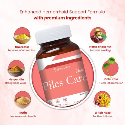 ZEROHARM Holo Piles Care Capsules | Vein Health & Hemorrhoid Relief | Reduces Swelling & Eases Discomfort | 60 Veg Capsules (1 Pack)