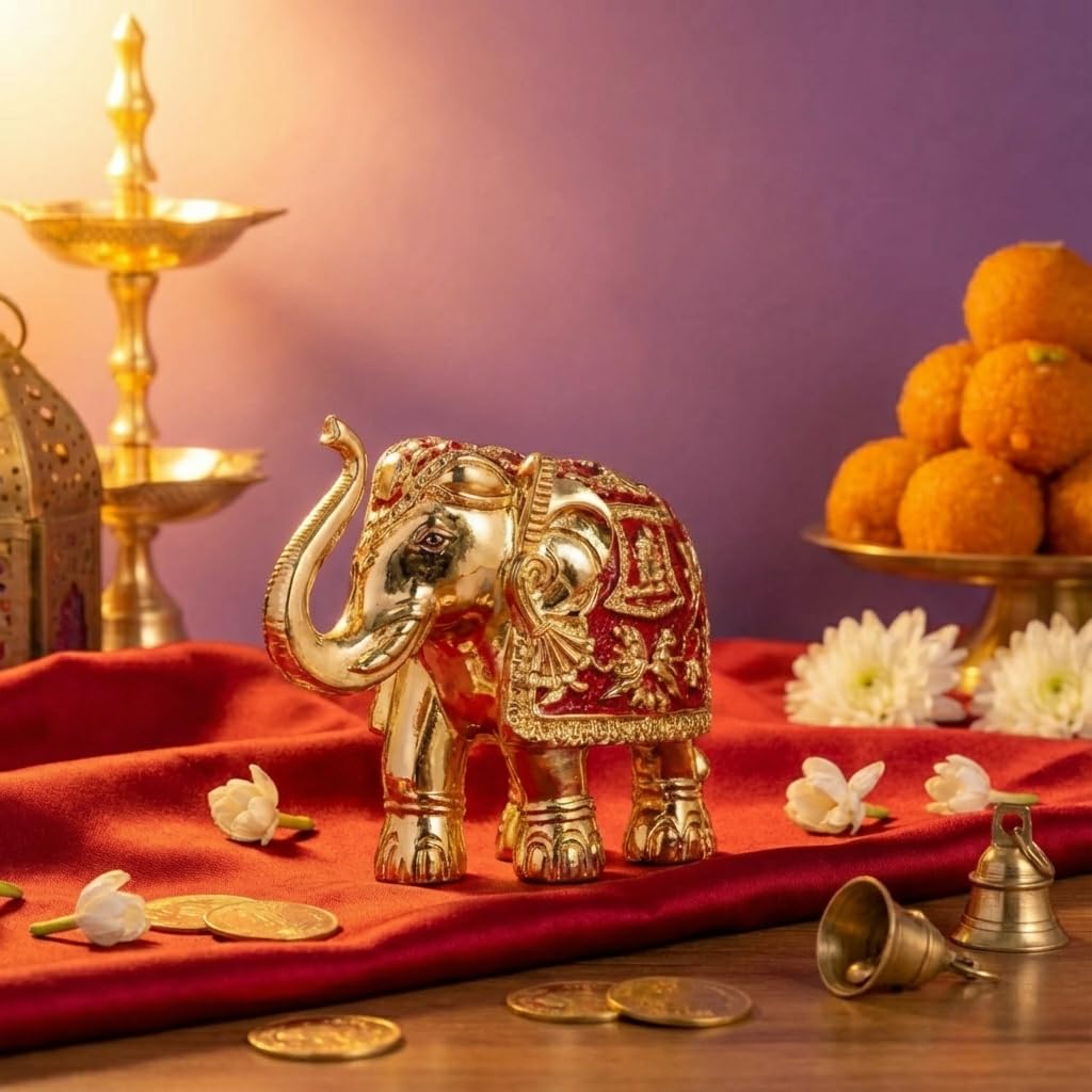 Gold Plated Trunk Up Elephant Idol Showpiece for Vastu, Prosperity, Good Luck, Gifting for House Warming and Home Decor -3 Inches (1, Gold)