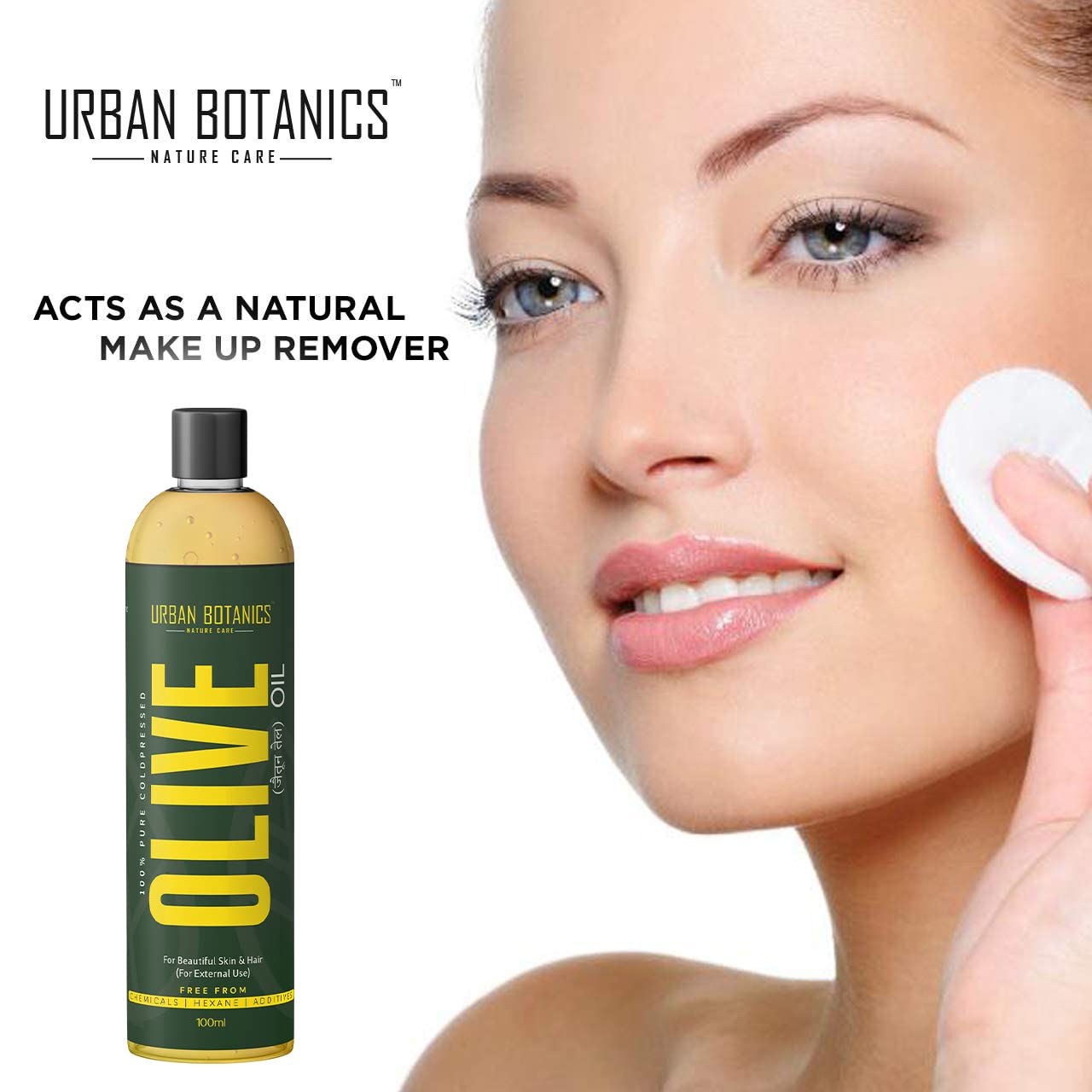 Woman applying olive oil to her face with Urban Botanics olive oil bottle next to her.